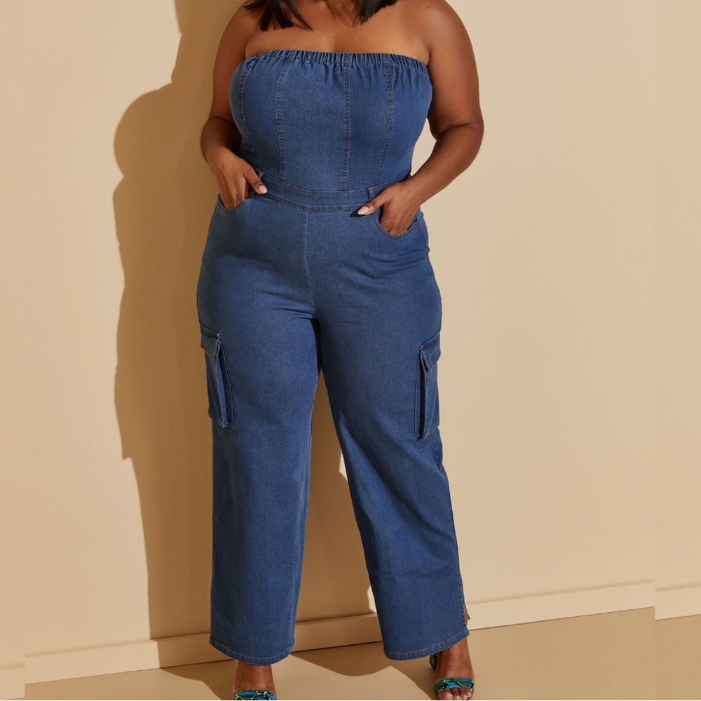 Size 20 Ashley Stewart Strapless Denim Cargo Jumpsuit